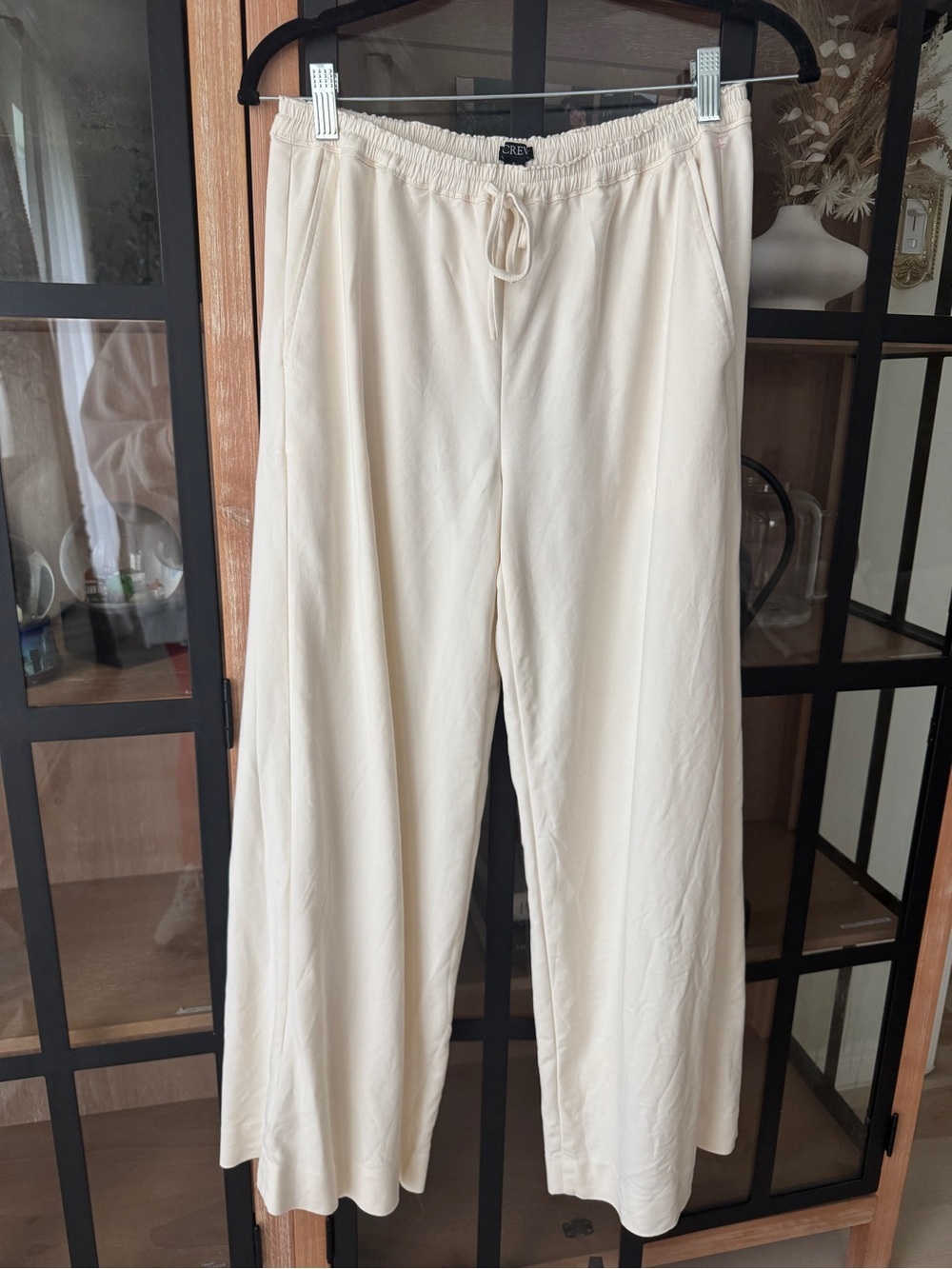 J. Crew wide leg pants ivory trousers high rise elastic waistband sheen